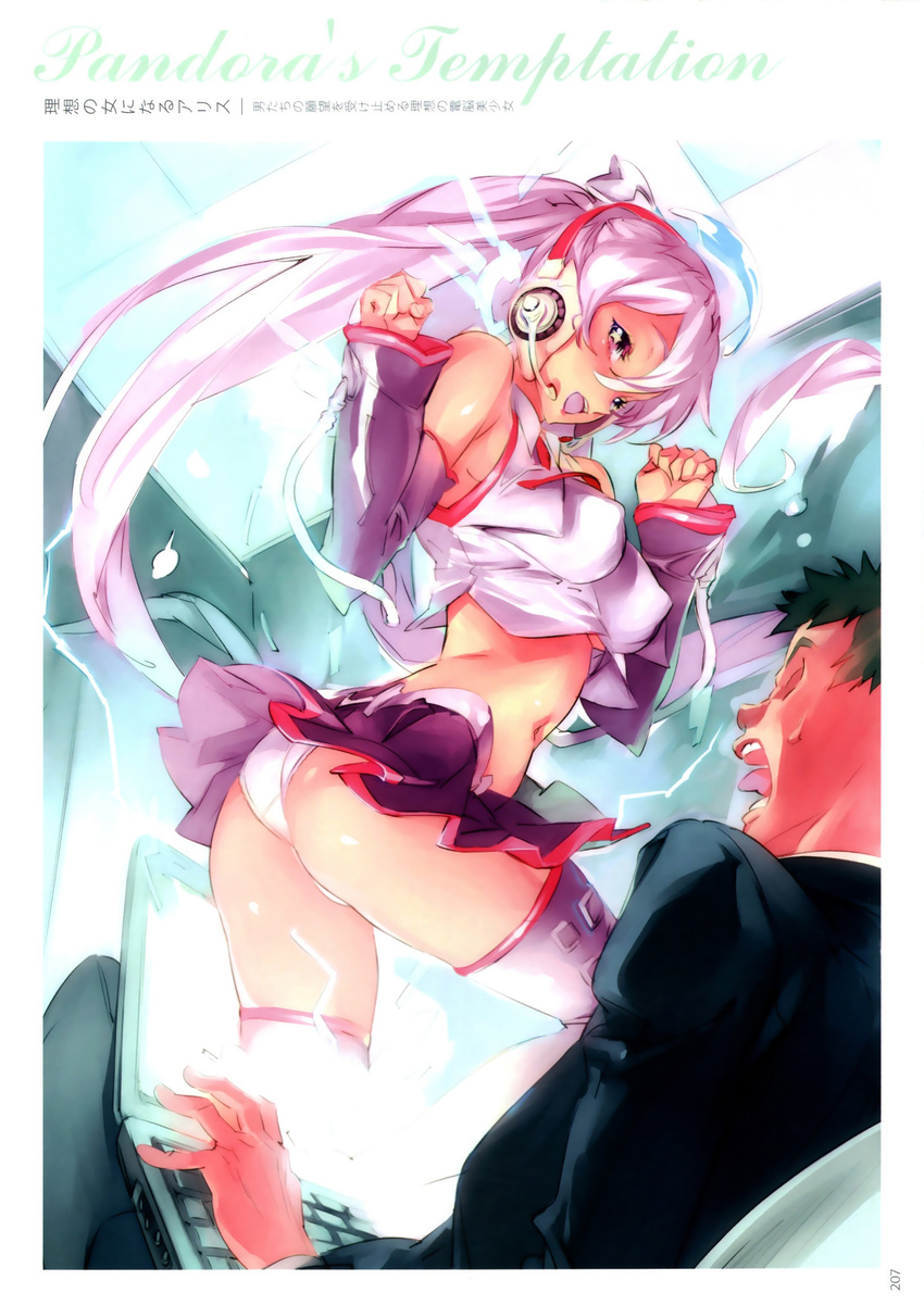 1girl ass cosplay detached_sleeves fourth_wall hatsune_miku headphones highres long_hair midriff monitor nishieda open_mouth original panties pink_hair sakura_miku skirt skirt_lift surprised thighhighs through_screen twisted_torso underwear vocaloid