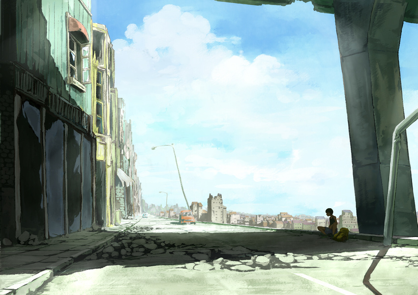 backpack bag blue_sky broken_glass car cityscape cloud day glass ground_vehicle highres kuchibiru_(lipblue) lamppost male_focus motor_vehicle original post-apocalypse road rubble ruins scenery sidewalk sitting sky solo street vanishing_point