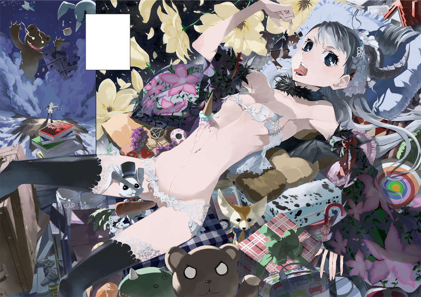 blue_eyes book bunny carrot cookie detached_sleeves fangs flower food fur ice_cream justminor lingerie lying on_back open_mouth original petals pillow revealing_clothes ringed_eyes silver_hair solo stuffed_animal stuffed_toy suitcase teddy_bear thighhighs tongue tongue_out umbrella underwear