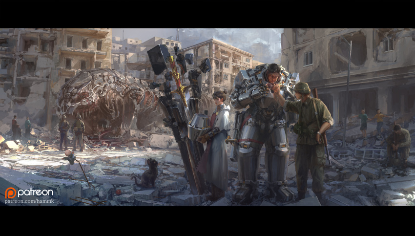 1girl 2boys absurdres antenna_mast apartment armor battle_rifle belt_pouch black_cat building cat cigarette city cityscape commentary day debris doll english_commentary full_armor full_body gloves greatsword green_helmet green_jacket green_pants gun hammk helmet highres holding holding_gun holding_lighter holding_unworn_helmet holding_weapon jacket lamppost letterboxed lighter lighting_cigarette long_sleeves military military_combat_uniform military_uniform monster multiple_boys original outdoors pants patreon_logo patreon_username pouch power_armor rebar rifle ruins satellite_dish science_fiction sitting sleeves_rolled_up soldier standing stuffed_toy sword unlit_cigarette_in_mouth unworn_headwear unworn_helmet urban weapon web_address