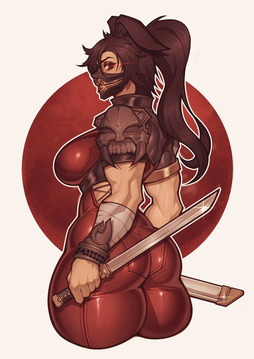 1girl absurdres animal_ears armor back bodysuit breasts brown_hair cosplay cowboy_shot cropped_legs eyes_flare highres holding holding_sword holding_weapon large_breasts mask milka01477 mouth_mask muscular muscular_female ninja original ponytail profile rabbit_ears rabbit_girl red_bodysuit reverse_grip sheath short_sword shoulder_armor soulcalibur standing sword taki_(soulcalibur) taki_(soulcalibur)_(cosplay) twisted_torso weapon white_background
