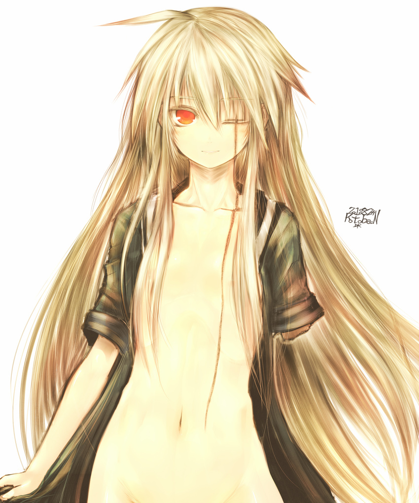 absurdres ahoge amputee blonde_hair collarbone flat_chest groin highres hinomaru_(kotoba) kotoba_noriaki long_hair missing_eye navel open_clothes open_shirt original out-of-frame_censoring red_eyes scar shirt sleeves_rolled_up solo