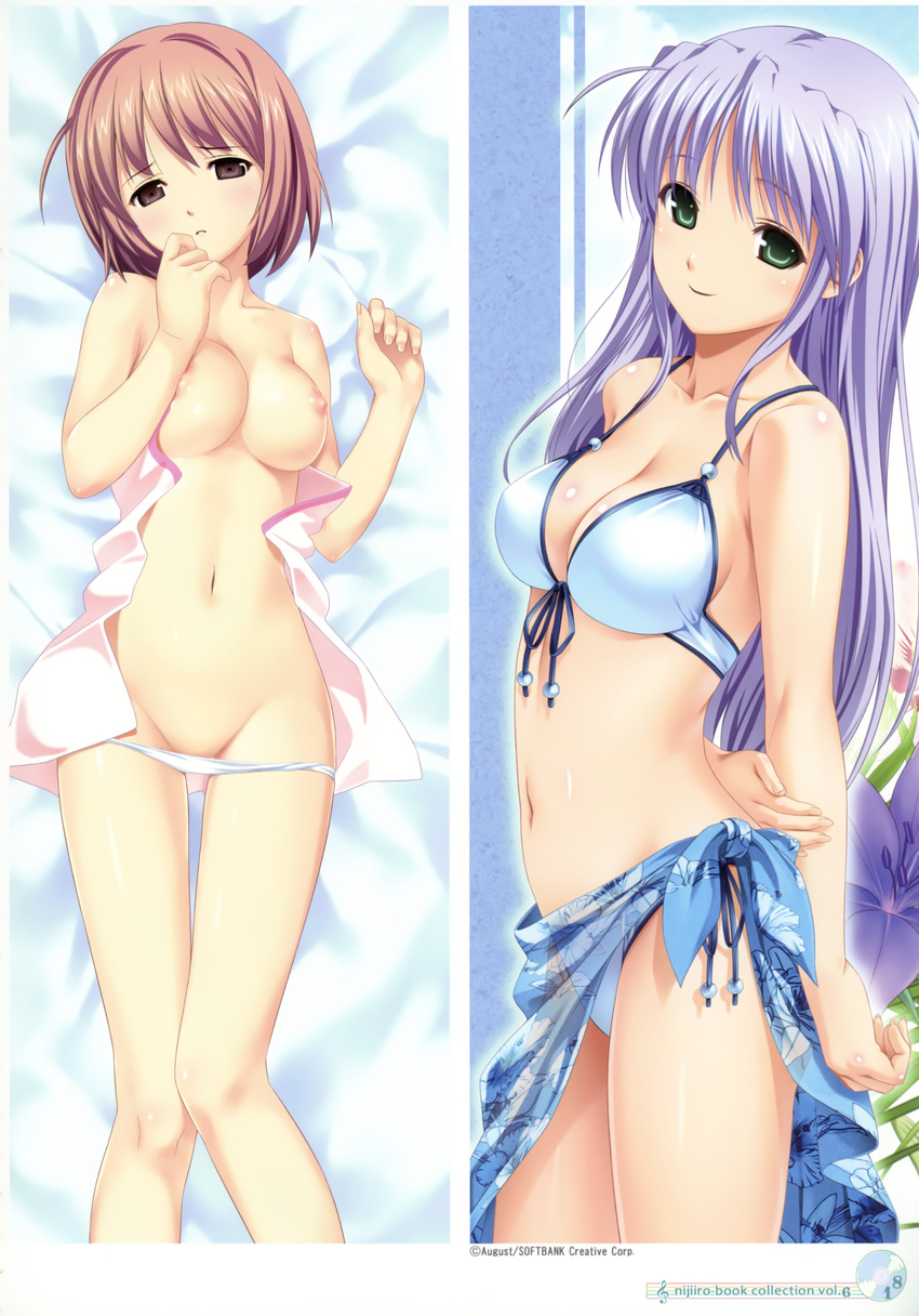 absurdres arms_behind_back bikini blue_sarong blush body_blush breasts brown_eyes brown_hair cleavage dakimakura feena_fam_earthlight front-tie_top green_eyes groin hand_to_own_mouth highres koutaro long_hair lying medium_breasts multiple_girls navel nipples on_back original panties panty_pull print_sarong purple_hair sarong side-tie_panties smile swimsuit translucent_sarong underwear yoake_mae_yori_ruri_iro_na