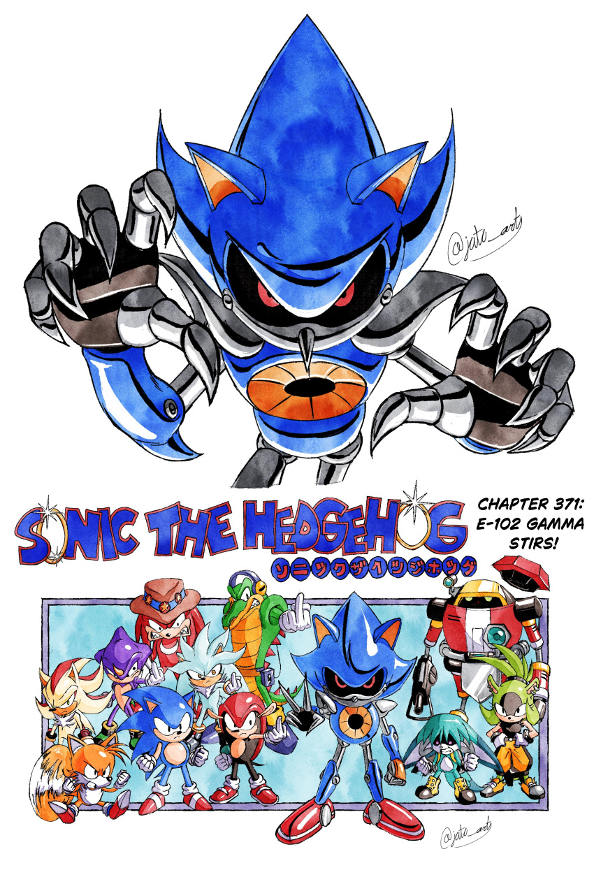 1990s_(style) 1girl 6+boys absurdres angry animal_ears animal_nose aqua_hair arm_cannon arms_at_sides artist_name baggy_pants bare_shoulders black_eyes black_shirt blue_fur blue_tail body_fur boots bracelet claws clenched_hand clenched_hands clenched_teeth closed_mouth colored_skin commentary constricted_pupils copyright_name cover cover_page cowboy_hat crocodilian crossover derivative_work dinosaur dragon dragon_ball dragon_ball_z e-102_gamma earrings ears_down energy_gun english_commentary english_text espio_the_chameleon flat_chest fox_boy fox_ears fox_tail frown full_body furry furry_female furry_male fusion gloves gold_bracelet green_eyes green_fur green_hair green_skin grey_gloves gun hair_tie hand_up hands_on_own_hips hat headphones hedgehog_boy highres holding holding_gun holding_weapon horns jaggy_lines jat0_art jewelry kitsunami_the_fennec knuckles_the_echidna legs_apart long_hair looking_at_another looking_at_viewer male_focus manga_cover mecha metal_sonic middle_finger mighty_the_armadillo motion_blur multicolored_hair multiple_boys multiple_earrings multiple_tails orange_fur pants parody piercing pink_eyes pointy_ears ponytail puffy_pants purple_skin rabbit_boy rabbit_ears red_fur red_hair retro_artstyle robot running science_fiction serious shaded_face shadow_the_hedgehog sharp_teeth shell shirt shoes short_hair sidelocks sideways_mouth silver_the_hedgehog simple_background single_horn sleeveless sleeveless_shirt socks sonic_(series) sonic_the_hedgehog spiked_hair standing style_parody super_shadow surge_the_tenrec tail tails_(sonic) teeth topknot transparent_background twitter_username two-tone_fur two-tone_hair two_tails v vector_the_crocodile weapon white_background white_gloves white_socks yellow_eyes yellow_fur yellow_pants