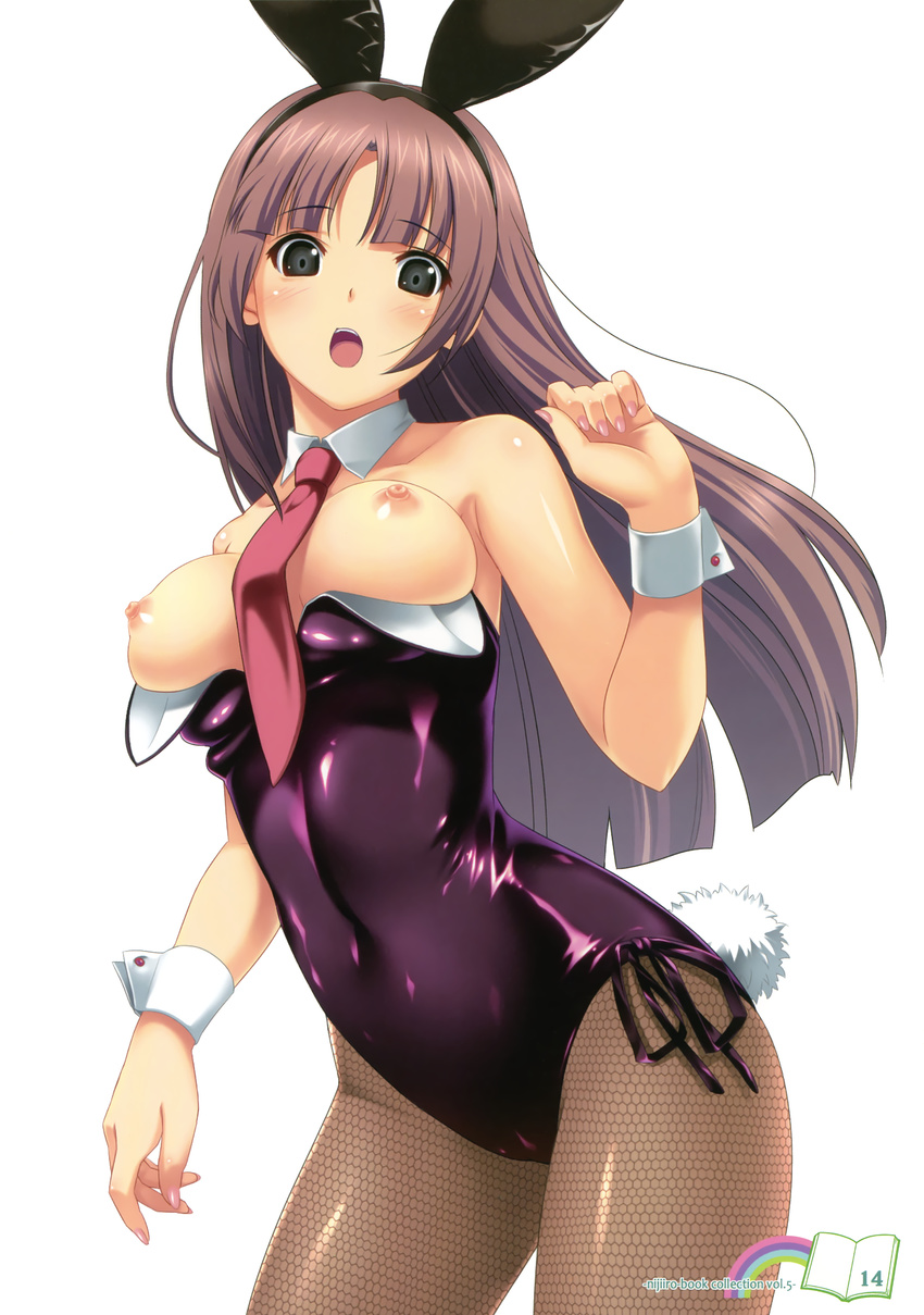 absurdres animal_ears bare_shoulders breasts brown_hair bunny_ears bunny_tail bunnysuit cameltoe character_request copyright_request fingernails grey_eyes highres koutaro large_breasts leotard long_hair nail_polish necktie nipples open_mouth pantyhose pink_nails shiny shiny_clothes side-tie_leotard solo tail wardrobe_malfunction wrist_cuffs