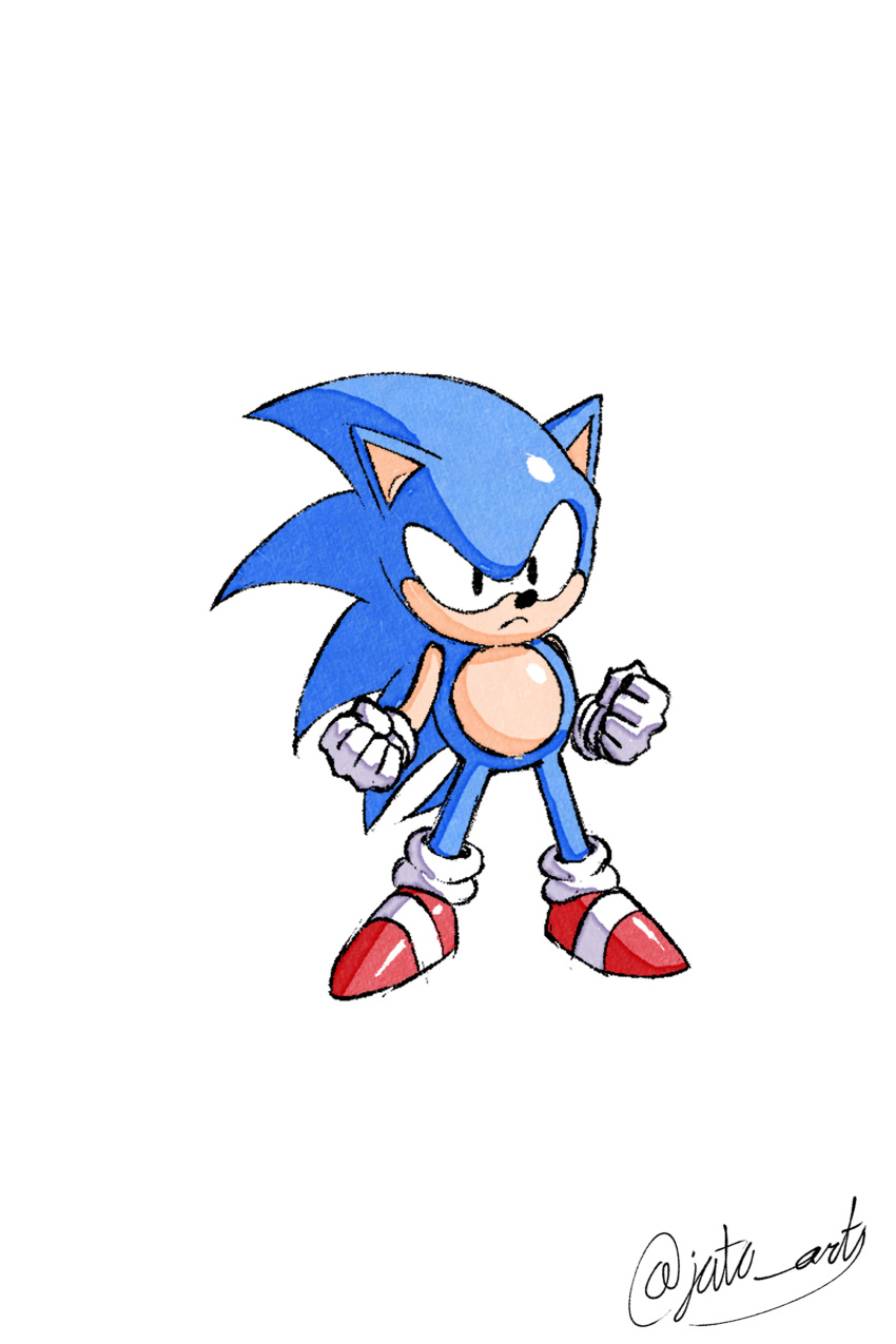 1990s_(style) 1boy absurdres animal_ears animal_nose artist_name black_eyes blue_fur body_fur clenched_hands closed_mouth full_body furry furry_male gloves highres jat0_art looking_at_viewer male_focus retro_artstyle shoes simple_background socks solo sonic_(series) sonic_the_hedgehog spiked_hair standing tail twitter_username white_background white_gloves white_socks