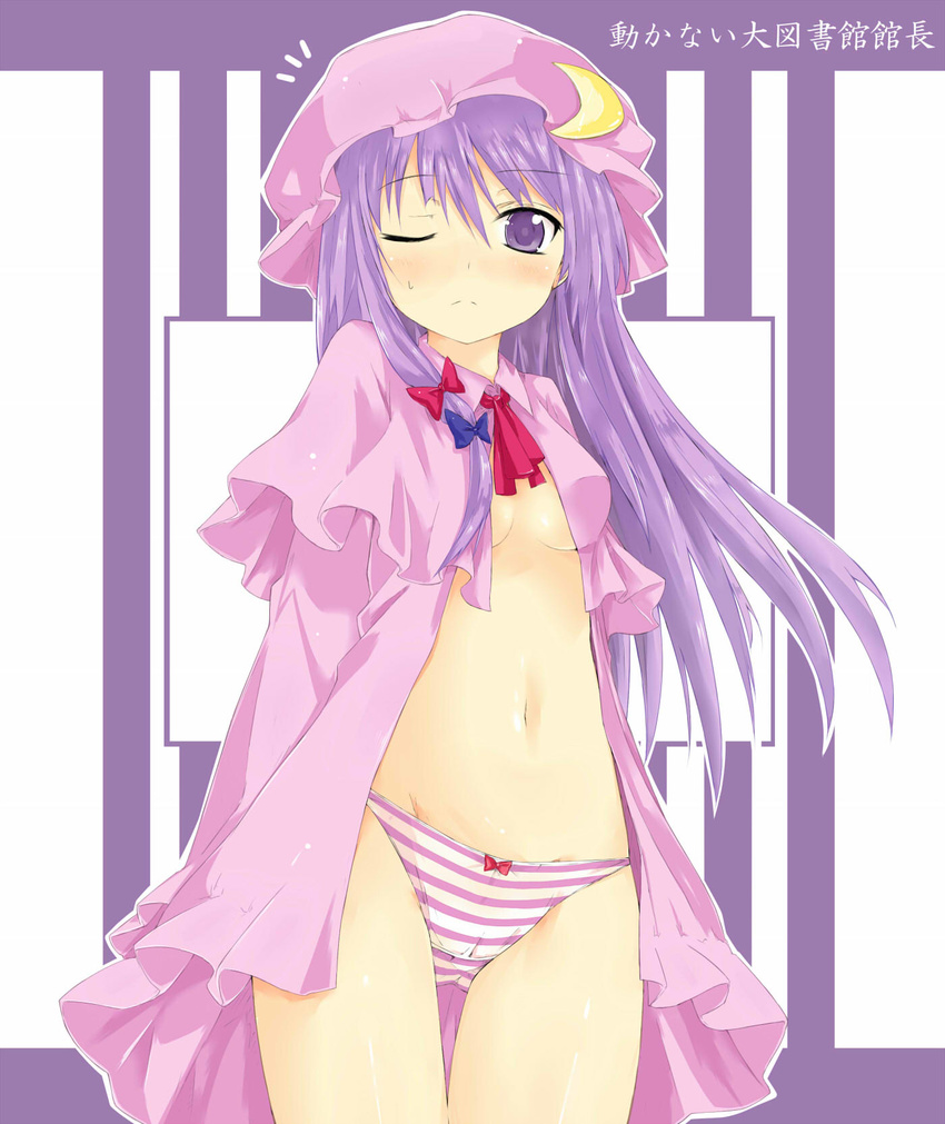 :&lt; ;&lt; ascot babydoll blush bow bow_panties breasts crescent hair_ribbon hat highres jpeg_artifacts kitsune_(scaz) long_hair navel one_eye_closed open_clothes panties patchouli_knowledge purple_eyes purple_hair purple_panties ribbon small_breasts solo standing striped striped_panties thigh_gap touhou underwear