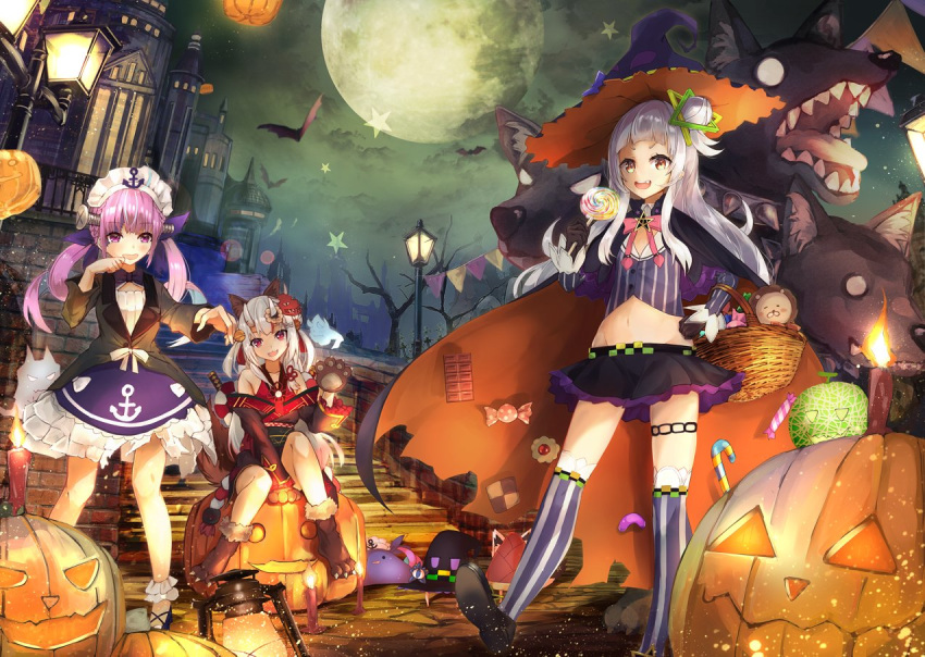 3girls adapted_costume anchor_symbol basket bat candle candy capelet castle crop_top fang food full_body full_moon gloves hair_bun hair_ornament halloween hat hololive horns jack-o'-lantern jack-o'-lantern konkito lamppost lavender_hair lollipop long_hair looking_at_viewer maid_headdress midriff minato_aqua moon multiple_girls murasaki_shion nakiri_ayame navel oni_mask open_mouth paws purple_hair red_eyes star thighhighs tree weapon witch_hat