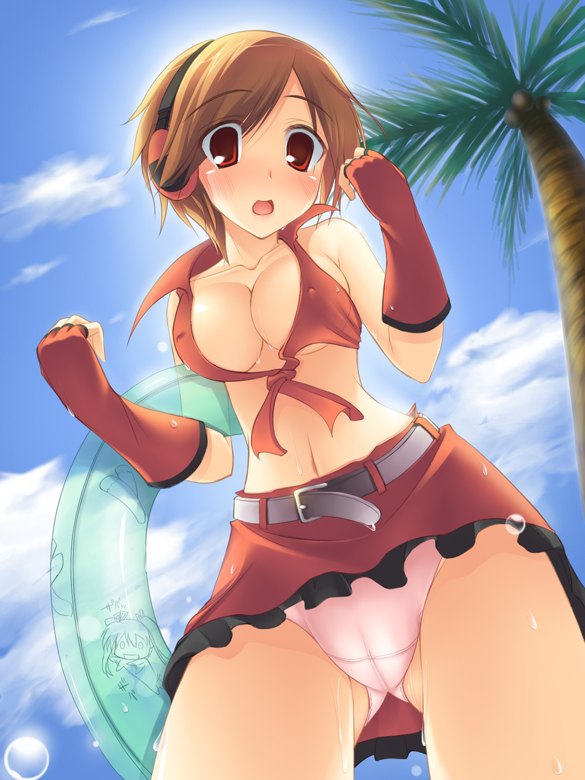 bare_shoulders belt blush breasts brown_eyes brown_hair cameltoe cleavage fingerless_gloves from_below front-tie_top gloves headphones highres innertube massan medium_breasts meiko midriff navel palm_tree panties pantyshot pink_panties red_eyes sakine_meiko short_hair skirt solo sweat tree underwear vocaloid wet