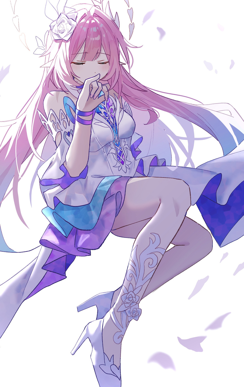 1girl absurdres aqua_hair breasts closed_eyes commentary cyrene_(demiurge)_(honkai:_star_rail) cyrene_(honkai:_star_rail) dress flower h2o_omizu hair_flower hair_ornament high_heels highres honkai:_star_rail honkai_(series) long_hair medium_breasts multicolored_hair pink_hair pointy_ears simple_background solo untranslatable_commentary very_long_hair white_background white_dress white_hair