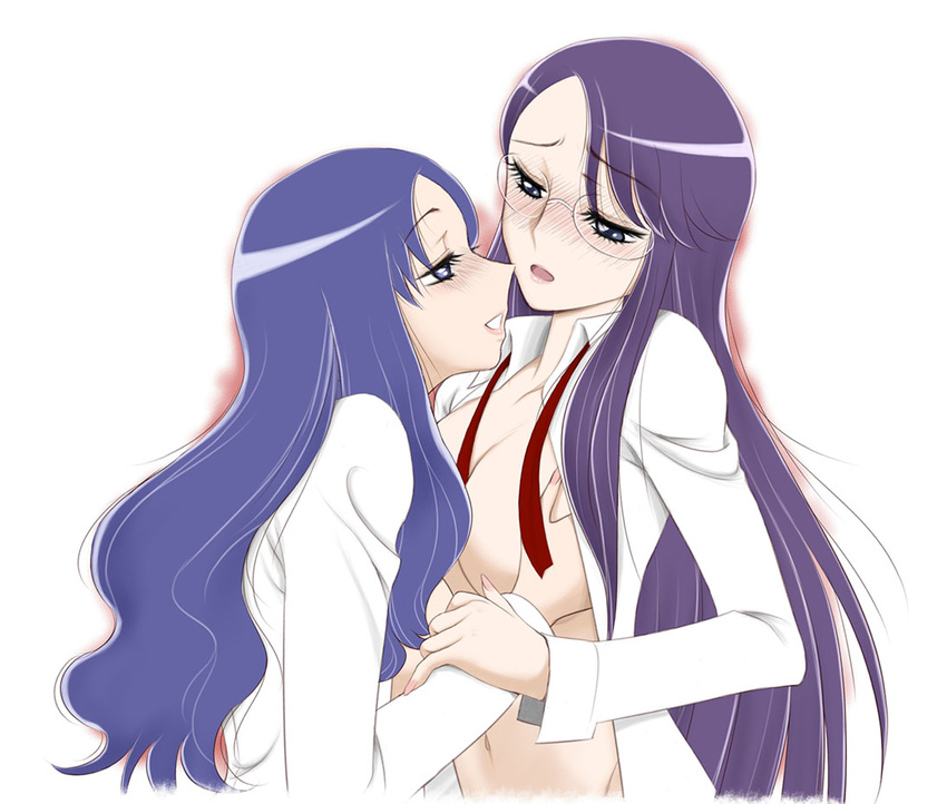 blue_eyes blue_hair blush breasts eyelashes glasses heartcatch_precure! kurumi_momoka lips long_hair medium_breasts multiple_girls open_clothes open_shirt precure purple_hair sabachiyo_land shirt tsukikage_yuri yuri