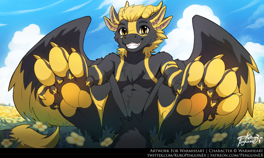 5:3 anthro black_body black_feathers black_wings blonde_hair blue_sky cheek_tuft chest_tuft cloud dragon facial_tuft feathered_wings feathers featureless_crotch feet flower foot_focus front_view full-length_portrait fur furred_dragon glistening glistening_eyes grin hair horn male meadow nude nynamae_warmheart outside penguinexperience plant portrait signature sky smile solo tail_tuft text tuft url wings yellow_body yellow_eyes yellow_feathers yellow_flower yellow_horn yellow_wings