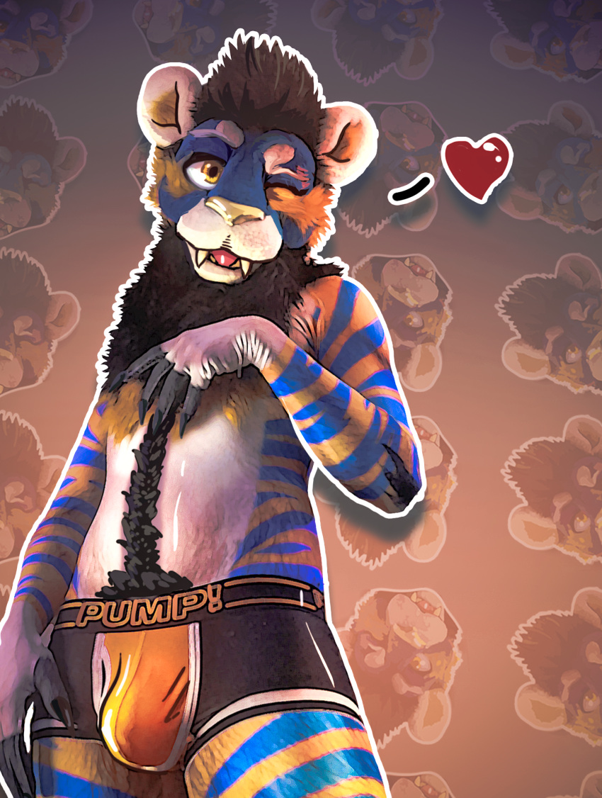 anthro anxiouslynx bulge clothing costume felid feline fursuit hi_res lion male mammal one_eye_closed paint pantherine simple_background solo underwear wink