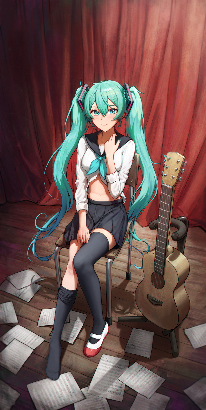 1girl absurdres acoustic_guitar aqua_eyes aqua_hair aqua_neckerchief black_skirt black_thighhighs chair closed_mouth crop_top curtains full_body guitar guitar_stand hair_ornament hand_up hatsune_miku highres instrument long_hair matmaj midriff miniskirt navel neckerchief paper pleated_skirt sailor_collar school_uniform serafuku sheet_music shoes single_shoe sitting skirt smile solo stomach thighhighs thighhighs_pull twintails very_long_hair vocaloid wooden_floor zettai_ryouiki