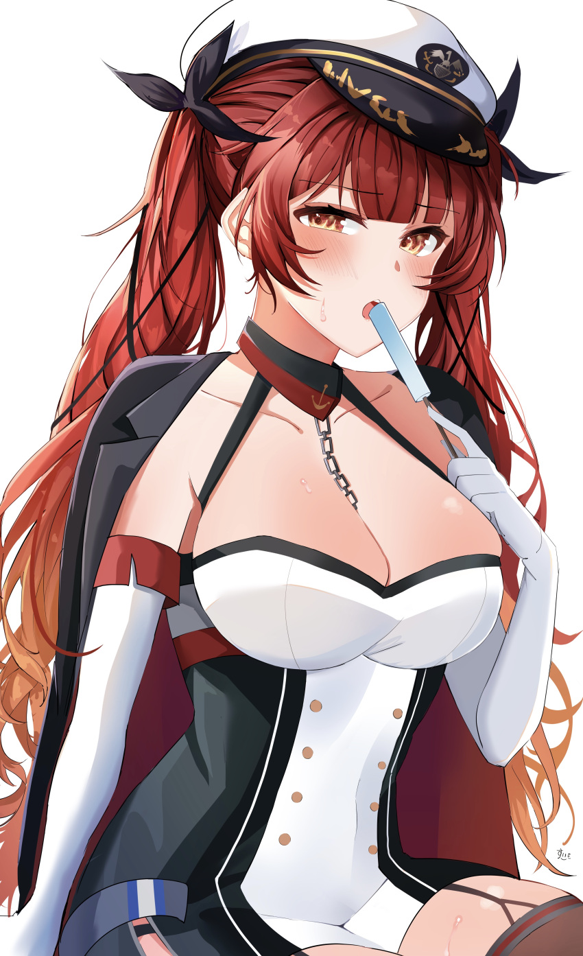 1girl absurdres azur_lane black_garter_straps black_jacket black_ribbon breasts buttons cleavage double-breasted dress elbow_gloves food gloves hair_ribbon hat highres honolulu_(azur_lane) ice_cream jacket jacket_on_shoulders large_breasts microdress military_hat orange_eyes peaked_cap red_eyes red_hair ribbon simple_background sitting solo suimo_(suimodayo) twintails two-tone_dress white_background white_headwear