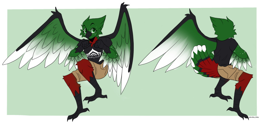 absurd_res anthro avian beak bird black_body black_feathers bottomwear clothing eira_(eiraryyu) feathered_wings feathers female gradient_feathers green_body green_eyes green_feathers green_sclera hair hi_res khaki_shorts large_wings model_sheet red_body red_feathers scribby_kibby shirt shorts simple_background solo t-shirt tail_feathers topwear tuft video_games warframe white_body white_feathers wings