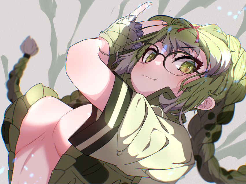 1girl blurry blurry_background braid breasts closed_mouth dutch_angle fang fang_out fingerless_gloves fingernails from_below glasses gloves green_eyes green_hair hair_ribbon hand_up highres kemono_friends large_breasts long_hair looking_at_viewer multicolored_hair no_bra over-rim_eyewear plunging_neckline ribbon sarutori semi-rimless_eyewear short_sleeves sidelocks slit_pupils smile solo spectacled_caiman_(kemono_friends) spiked_gloves spikes stomach tsurime twin_braids very_long_hair vest white_hair