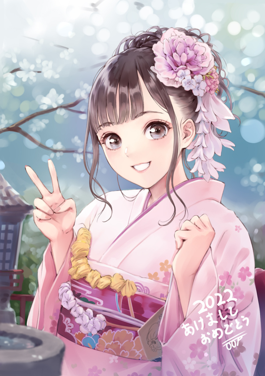 1girl bangs black_eyes black_hair cherry_blossoms commentary floral_print highres japanese_clothes kimono kitou_akari long_hair looking_at_viewer minato_asuka pink_kimono real_life sidelocks smile solo upper_body v voice_actor