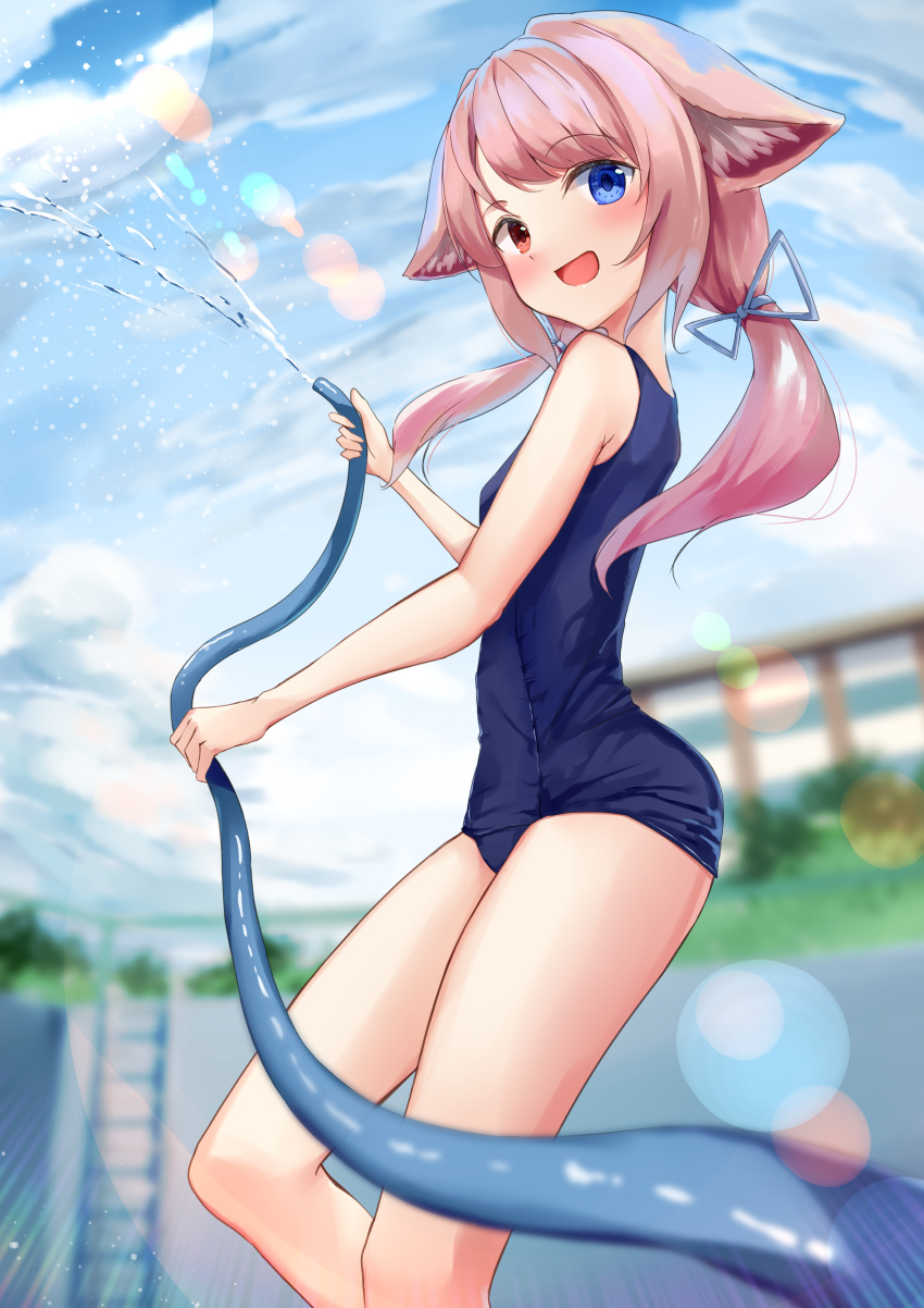 1girl :d absurdres akinakesu-chan animal_ear_fluff animal_ears bangs bare_arms bare_shoulders blue_eyes blue_one-piece_swimsuit blue_sky blurry blurry_background cloud cloudy_sky commentary commission day depth_of_field english_commentary feet_out_of_frame heterochromia highres holding hose lens_flare long_hair low_twintails old_school_swimsuit one-piece_swimsuit original outdoors pink_hair red_eyes school_swimsuit sky smile solo swimsuit twintails water