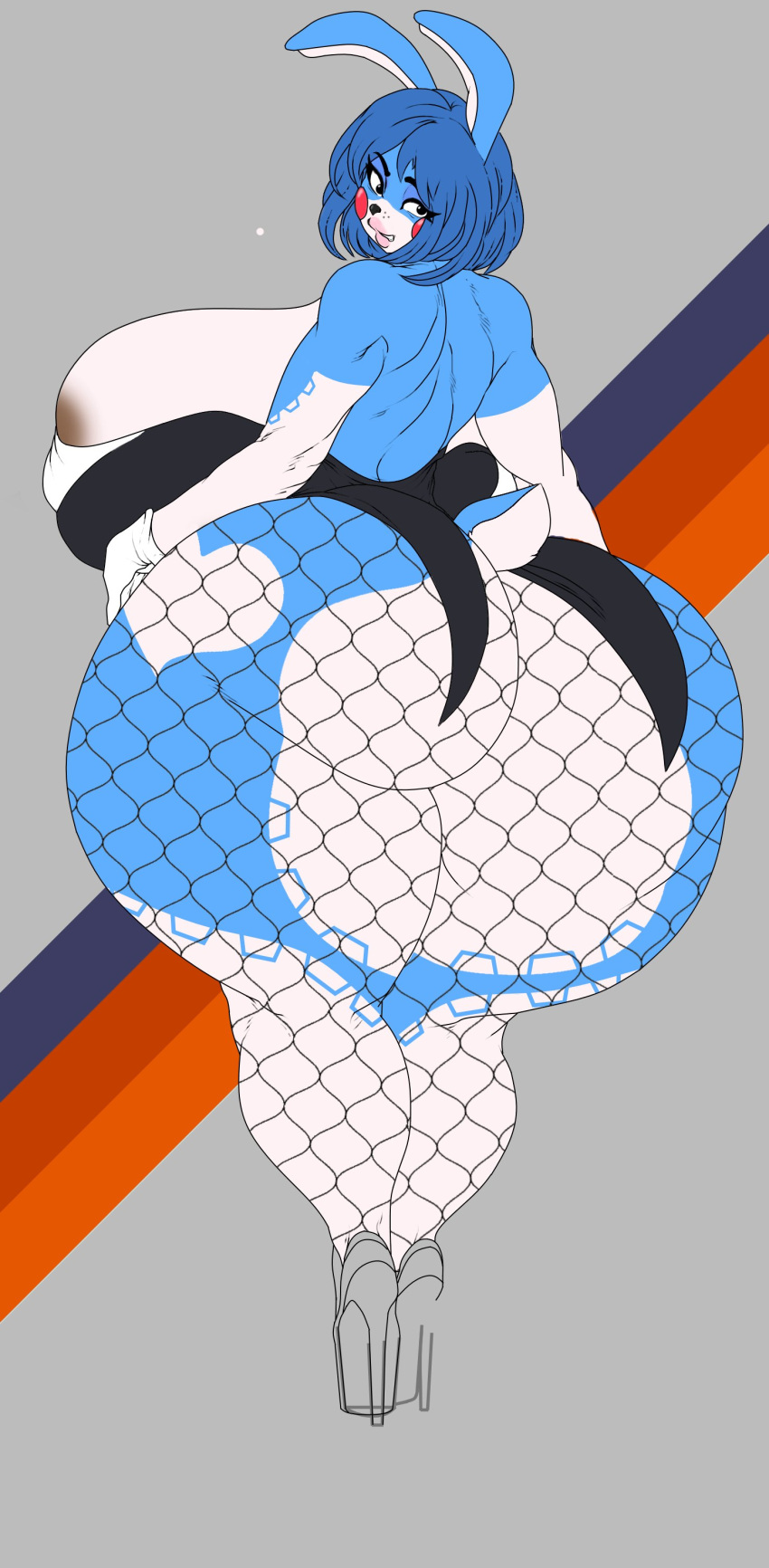 2022 absurd_res anthro big_breasts big_butt black_nose blue_body blue_hair breasts bunny_costume butt clothing costume daiidalus female fishnet five_nights_at_freddy's five_nights_at_freddy's_2 footwear hair hi_res high_heels huge_breasts huge_butt lagomorph leporid lips looking_back mammal pink_lips rabbit scottgames scut_tail short_tail solo standing sunr4y thick_thighs toy_bonnie_(fnaf) video_games white_body