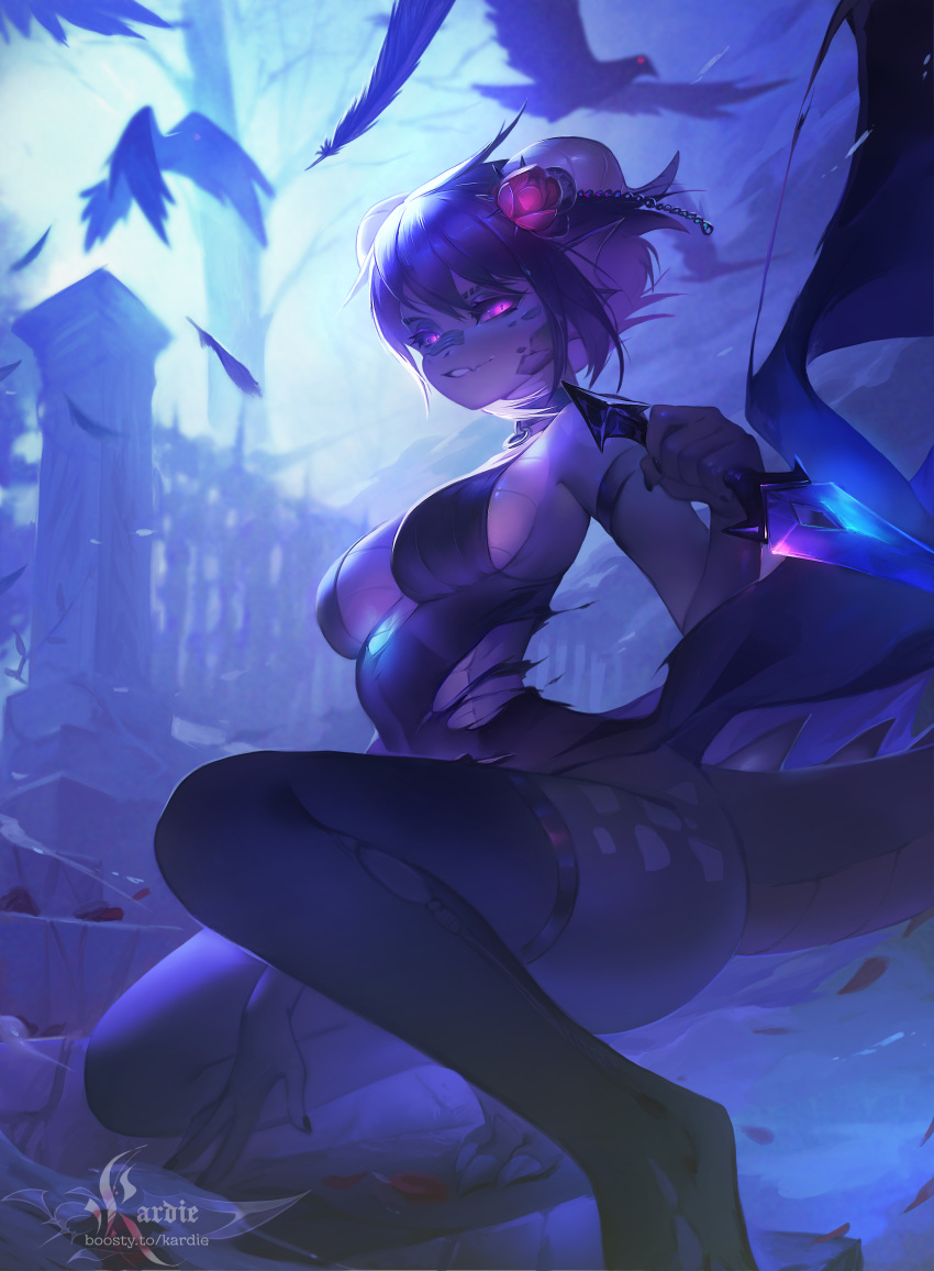 1girl absurdres artist_name bare_tree bird breasts crow day dragon_girl dragon_horns dragon_tail falling_feathers feathers fence furry furry_female highres holding horns kardie medium_breasts original outdoors pink_eyes revealing_clothes shirt short_hair sideboob solo squatting tail thighhighs tree web_address