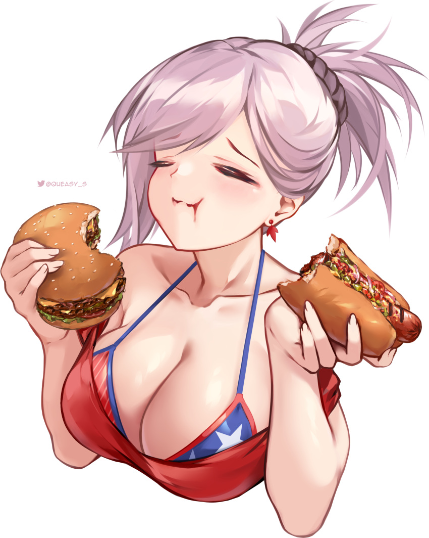 1girl :t absurdres american_flag_bikini bikini bikini_under_clothes breasts burger closed_mouth cropped_torso earrings eating fate/grand_order fate_(series) flag_print food highres hot_dog jewelry large_breasts leaf maple_leaf miyamoto_musashi_(fate) miyamoto_musashi_(swimsuit_berserker)_(second_ascension)_(fate) pink_hair ponytail queasy_s red_shirt shirt solo swimsuit transparent_background upper_body