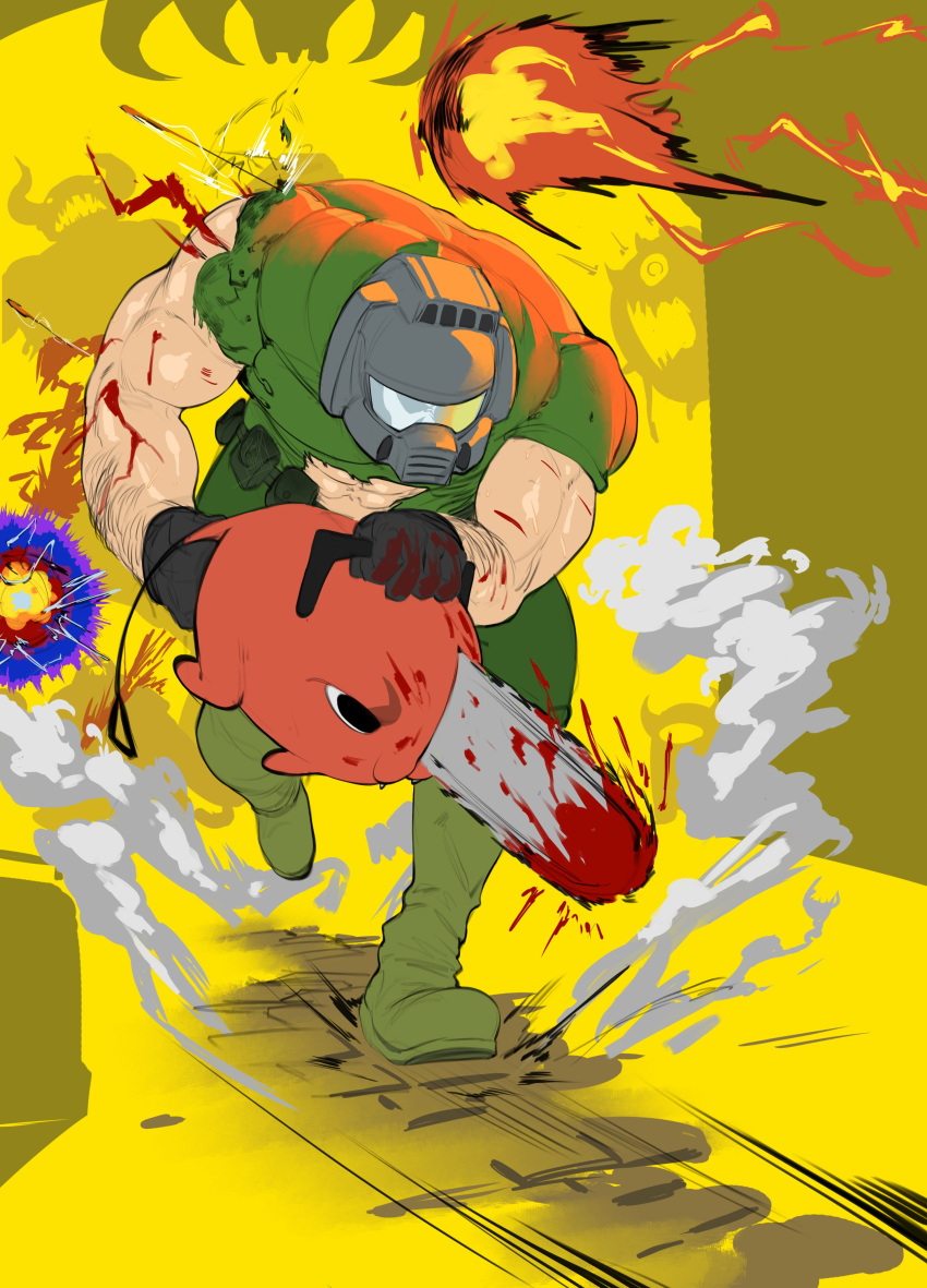 abs absurdres belt biceps blood blood_on_weapon chainsaw chainsaw_man clothing_cutout crossover dankwoll demon doom_(series) doomguy energy_ball gloves helmet highres muscular muscular_male navel_cutout pochita_(chainsaw_man) running utility_belt weapon