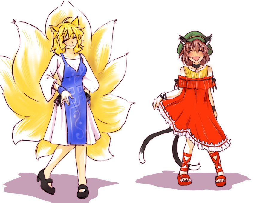 2girls :d adapted_costume animal_ears bare_shoulders blonde_hair brown_hair cat_ears chen dress fox_ears happy hat highres multiple_girls nekomata no_headwear nunnun_(shunka_shuutou) short_hair smile tabard touhou yakumo_ran