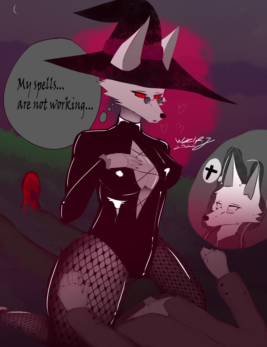absurd_res anthro breasts canid canine canis clothing duo exposed_breasts eyewear female fishnet glasses hat headgear headwear hi_res jwxlfofficial lipstick makeup male male/female mammal rubber rubber_clothing rubber_suit witch_hat wolf