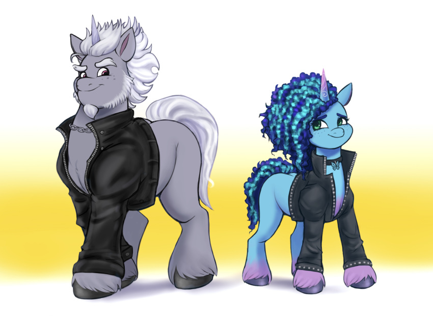 alphabittle_blossomforth_(mlp) beard blue_hair blue_tail chain choker clothing digital_media_(artwork) duo equid equine eyebrows facial_hair female feral fetlocks freckles fur green_eyes grey_body hair hasbro hi_res hooves horn jacket jewelry male mammal mane misty_(g5) mlp_g5 multicolored_hair my_little_pony necklace purple_eyes sallylla size_difference smile thick_eyebrows topwear two_tone_hair unicorn unicorn_horn white_beard white_hair white_tail