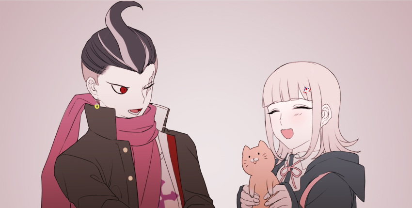 1boy 1girl :d animal backpack bag bangs black_hair black_jacket blush brown_hair cat danganronpa_(series) danganronpa_2:_goodbye_despair earrings facing_another flipped_hair galaga gradient gradient_background grey_hair hair_ornament highres holding holding_animal holding_cat hood hood_down hooded_jacket jacket jewelry looking_at_another multicolored_hair nanami_chiaki neck_ribbon one_eye_closed open_clothes open_jacket open_mouth pink_ribbon pink_scarf print_shirt red_eyes ribbon scar scar_across_eye scarf shirt smile tanaka_gandamu tuteurfars_shin two-tone_hair undercut upper_body