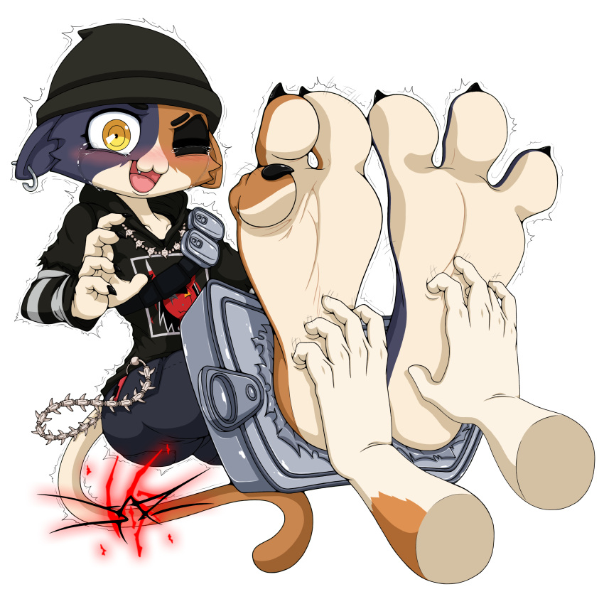 2022 3_toes 5_fingers absurd_res ambiguous_gender anthro barefoot beanie calico_cat clothed clothing dazidentevil digital_media_(artwork) disembodied_hand domestic_cat duo ear_piercing epic_games feet felid feline felis female fingers foot_fetish foot_focus fortnite hat headgear headwear hi_res humanoid_feet mammal meow_skulls_(fortnite) mottled one_eye_closed open_mouth piebald piercing simple_background soles solo_focus tickling tickling_feet toes video_games white_background