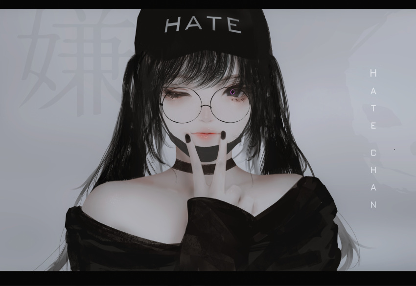 1girl absurdres aoi_ogata bare_shoulders baseball_cap black_choker black_hair black_headwear black_nails black_shirt character_name choker clothes_writing commentary english_commentary english_text fingernails glasses grey_eyes hat hate-chan highres letterboxed long_hair long_sleeves looking_at_viewer mask mouth_mask nail_polish off-shoulder_shirt off_shoulder original round_eyewear shirt sidelocks sleeves_past_wrists solo surgical_mask twintails upper_body v