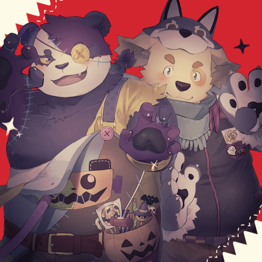 2022 alp_(tas) anthro batten_xxxx candy canid canine canis cu_sith_(tas) dessert domestic_dog duo food giant_panda halloween halloween_costume holidays kemono lifewonders male mammal overweight overweight_male purple_body tokyo_afterschool_summoners ursid video_games white_body