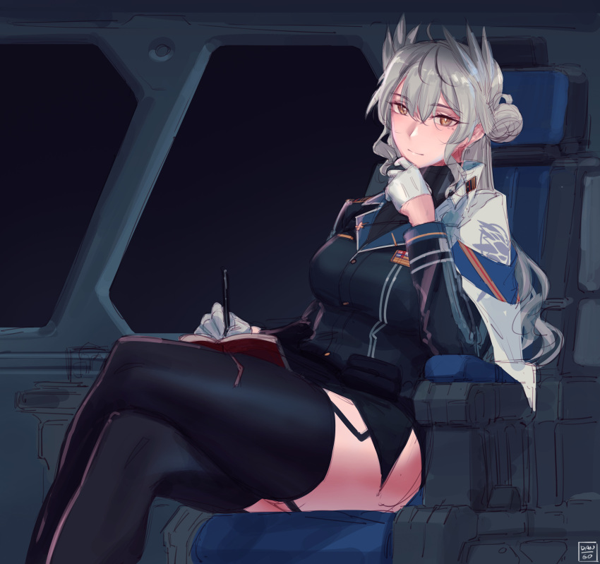 1girl absurdres artist_name bird_girl book buttons cape chair commentary crossed_legs dangodes drill_hair english_commentary garter_straps gloves grey_hair grey_wings hair_between_eyes hair_bun half_gloves head_wings highres lapels legs light_blush light_smile long_hair looking_at_viewer notched_lapels original pen single_hair_bun sitting sketch solo space starsector thighhighs thighs turtleneck twin_drills uniform white_cape white_gloves window wings