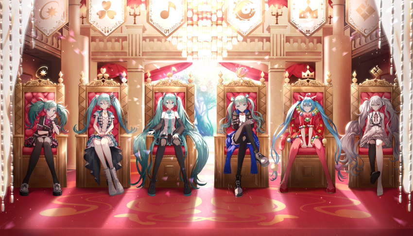 25-ji_miku 6+girls absurdres aqua_eyes aqua_hair backlighting black_thighhighs blue_hair commentary courtroom day hatsune_miku highres indoors itogari long_hair looking_at_viewer multiple_girls multiple_persona official_alternate_costume project_sekai short_sleeves sitting straight-on tapestry thighhighs throne twintails very_long_hair vocaloid