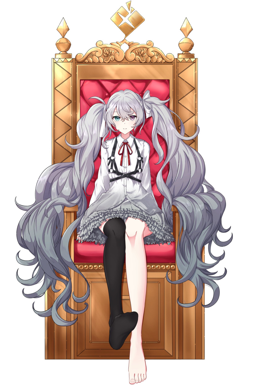 1girl 25-ji_miku absurdres aqua_eyes black_thighhighs chest_harness collared_shirt commentary foot_up full_body grey_hair grey_skirt hair_between_eyes hair_ribbon harness hatsune_miku heterochromia highres itogari light_smile long_hair long_sleeves looking_at_viewer miniskirt neck_ribbon no_shoes official_alternate_costume official_alternate_hair_color pink_eyes project_sekai red_ribbon ribbon shirt simple_background single_thighhigh sitting skirt solo straight-on thighhighs throne very_long_hair vocaloid wavy_hair white_background white_ribbon white_shirt