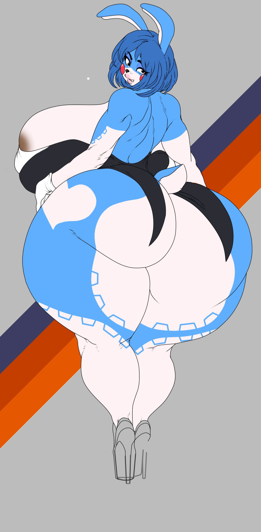 2022 absurd_res anthro big_breasts big_butt black_nose blue_body blue_hair breasts bunny_costume butt clothing costume daiidalus female five_nights_at_freddy's five_nights_at_freddy's_2 footwear hair hi_res high_heels huge_breasts huge_butt lagomorph leporid lips looking_back mammal pink_lips rabbit scottgames scut_tail short_tail solo standing sunr4y thick_thighs toy_bonnie_(fnaf) video_games white_body