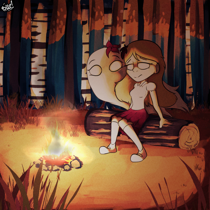 abigail_carter autumn beep! birch_tree campfire don't_starve duo female female/female fire forest ghost grass hi_res human klei_entertainment log looking_relieved mammal plant relaxing spirit tree video_games wendy_carter wood