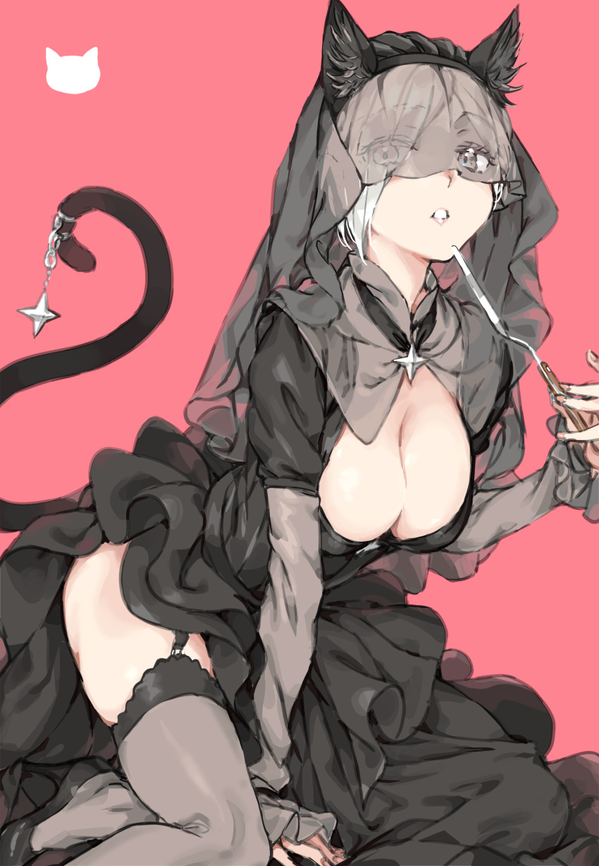 1girl absurdres animal_ears black_dress black_footwear black_tail breasts cat_ears cat_girl cat_tail cleavage dress fingernails grey_eyes haimura_kiyotaka highres large_breasts mina_mathers pink_background simple_background solo tail thighhighs thighs toaru_majutsu_no_index toaru_majutsu_no_index:_new_testament veil white_hair