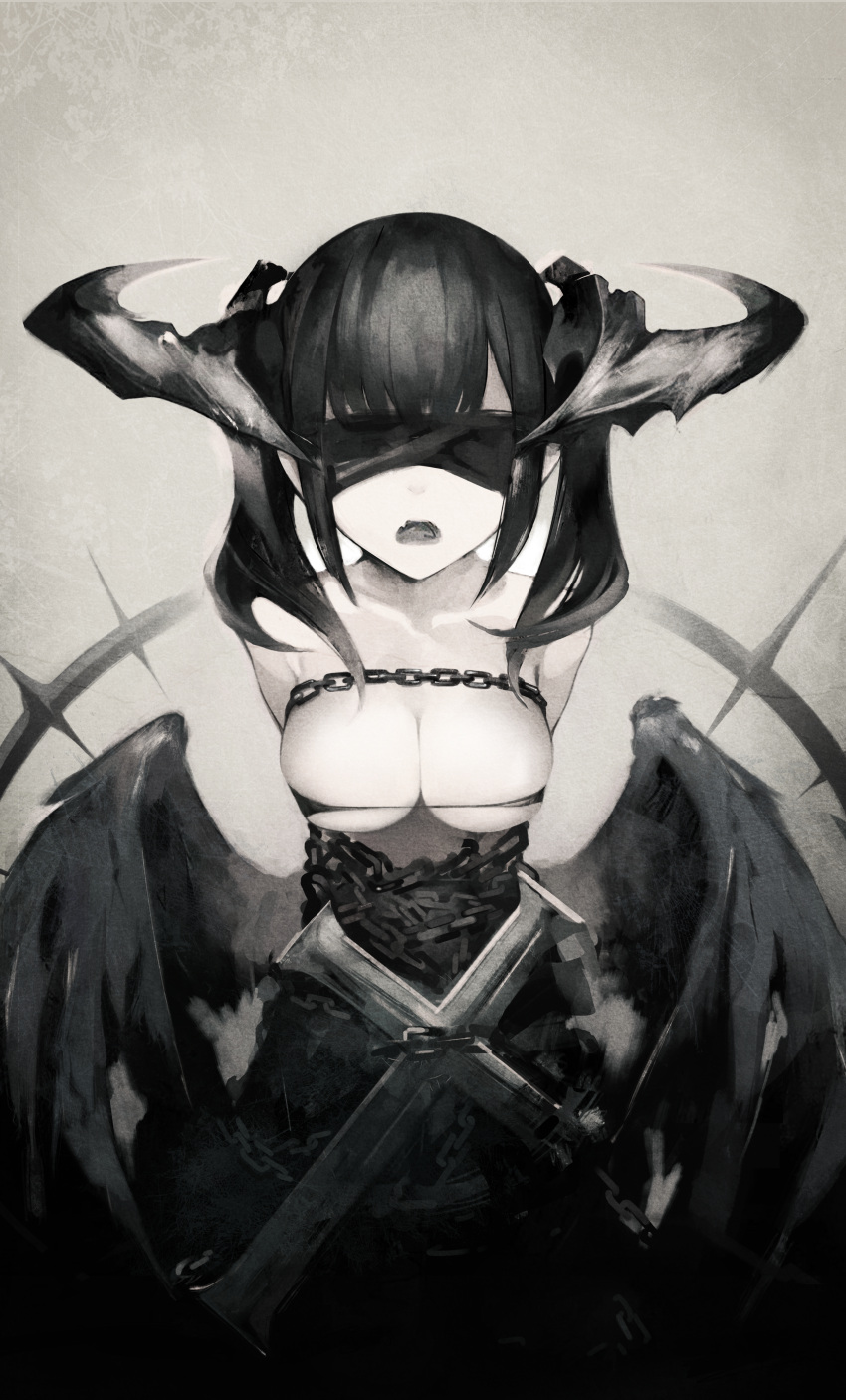1girl absurdres arms_behind_back bangs black_blindfold black_bra black_hair black_horns black_wings blindfold bra breasts chain chained commentary covered_eyes cross english_commentary facing_viewer fang greyscale gyup highres horns large_breasts medium_hair monochrome no_shirt open_mouth original sidelocks skin_fang solo twintails underwear wings