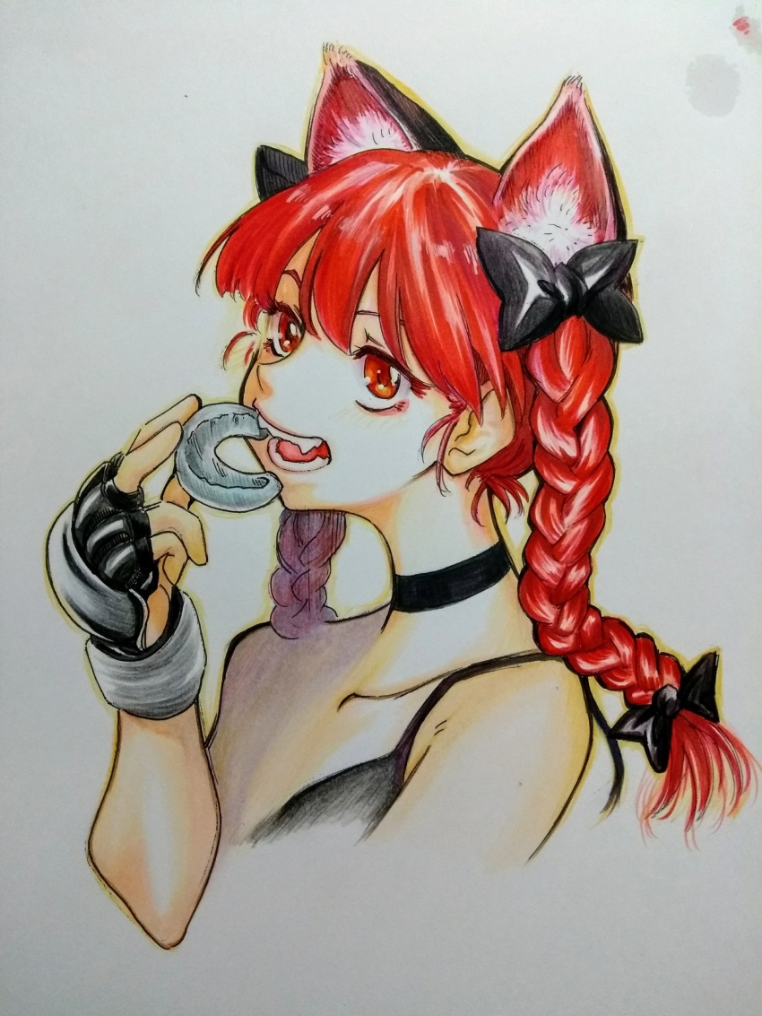 1girl animal_ear_fluff animal_ears bare_shoulders black_choker bow braid cat_ears choker cropped_torso extra_ears fingerless_gloves gloves hand_up highres holding kaenbyou_rin looking_ahead mouth_guard nunnun_(shunka_shuutou) open_mouth red_eyes red_hair smile solo teeth touhou traditional_media twin_braids upper_body