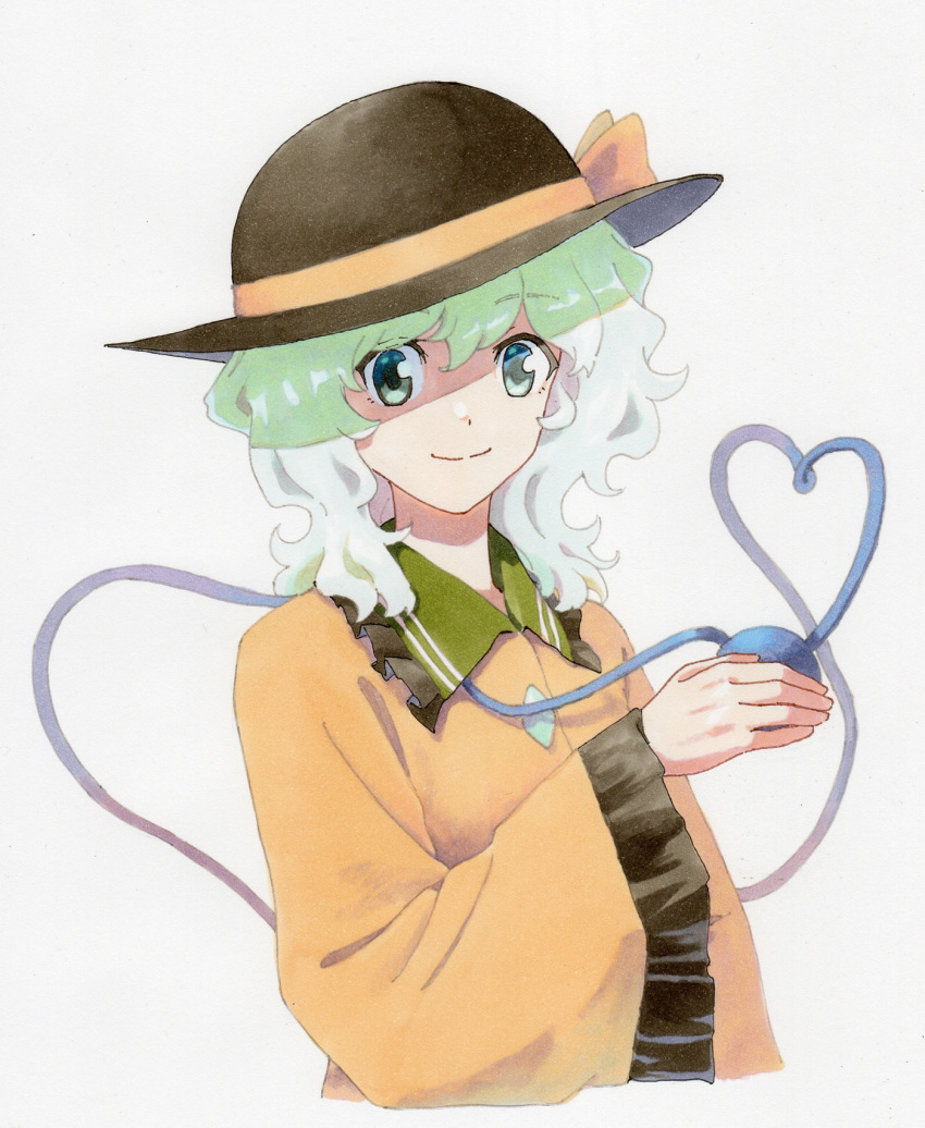 1girl black_headwear bow covering_one_eye frilled_shirt_collar frilled_sleeves frills green_eyes green_hair hand_up hat hat_bow hat_ribbon heart heart_of_string highres holding komeiji_koishi light_green_hair long_sleeves looking_at_viewer marker_(medium) medium_hair ribbon shiratama_(hockey) shirt smile solo third_eye touhou traditional_media upper_body wavy_hair wide_sleeves yellow_bow yellow_ribbon yellow_shirt