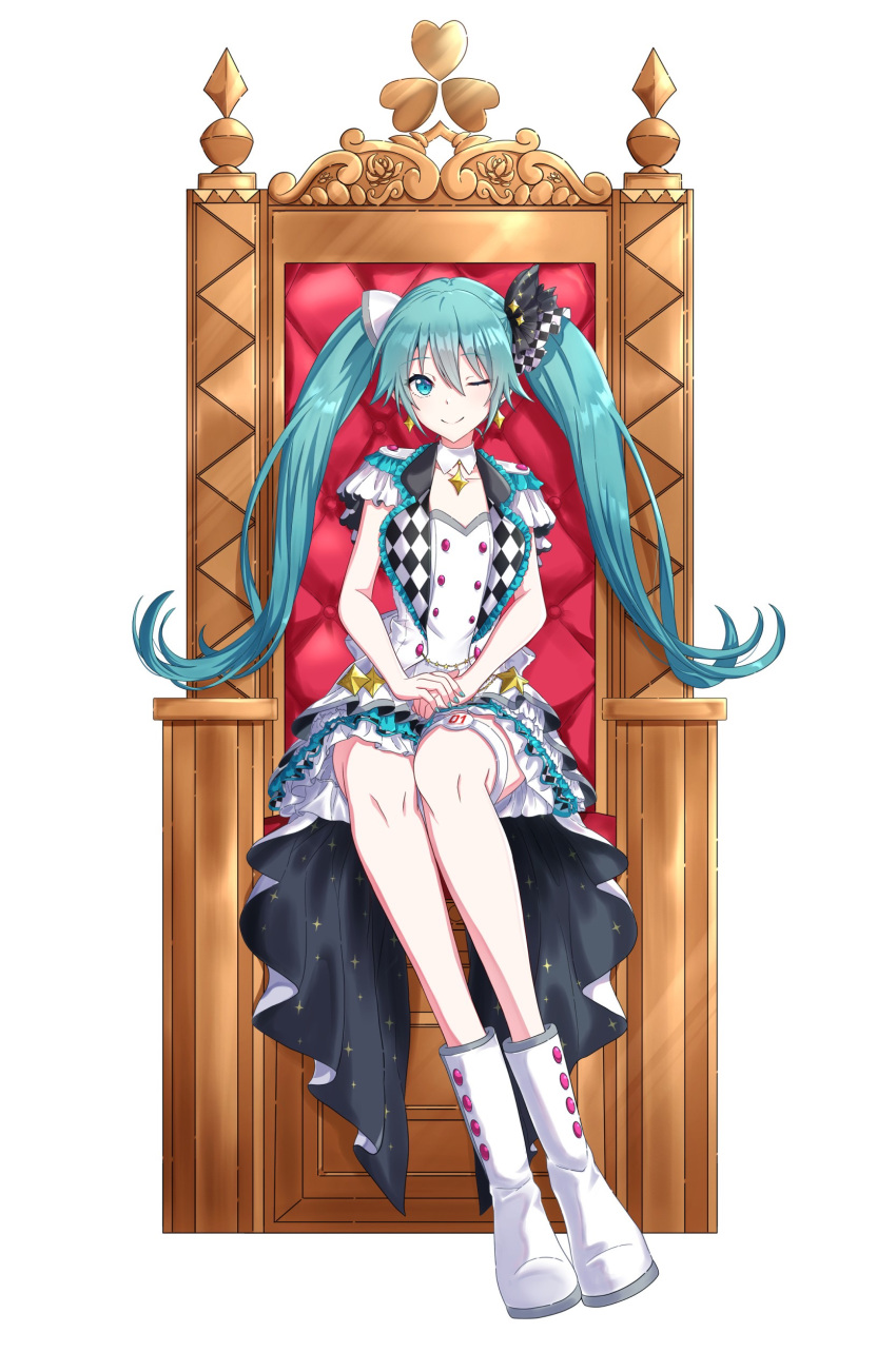 1girl absurdres aqua_eyes aqua_hair boots buttons checkered_clothes closed_mouth commentary double-breasted dress full_body hands_on_lap hatsune_miku highres itogari long_hair looking_at_viewer official_alternate_costume one_eye_closed project_sekai short_sleeves showgirl_skirt simple_background sitting smile solo split_mouth straight-on throne vocaloid white_background white_dress white_footwear