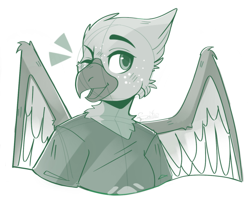 anthro avian beak bird blush blush_lines clothing eira_(eiraryyu) feathers female freckles green_beak green_body green_eyes green_feathers one_eye_closed scribby_kibby shaded shirt signature simple_shading sketch solo t-shirt topwear wings wink