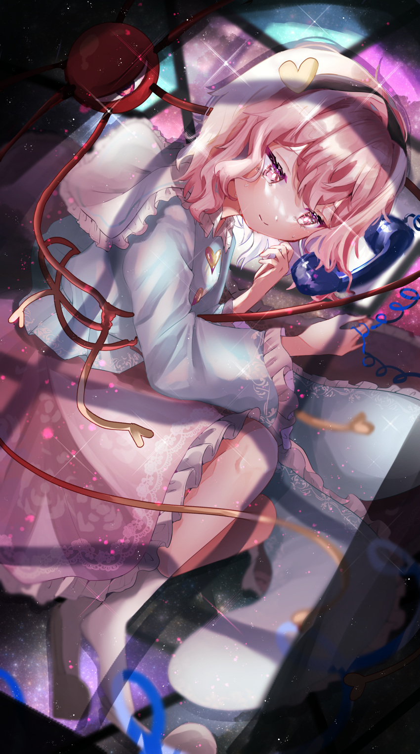 1girl absurdres black_hairband blue_shirt blush buttons closed_mouth collared_shirt corded_phone eyeball frilled_shirt_collar frilled_skirt frills fura_(wind_rahu) hair_ornament hairband heart heart_hair_ornament highres komeiji_satori long_sleeves phone pink_eyes pink_hair pink_skirt shirt short_hair skirt socks solo stained_glass third_eye touhou white_socks
