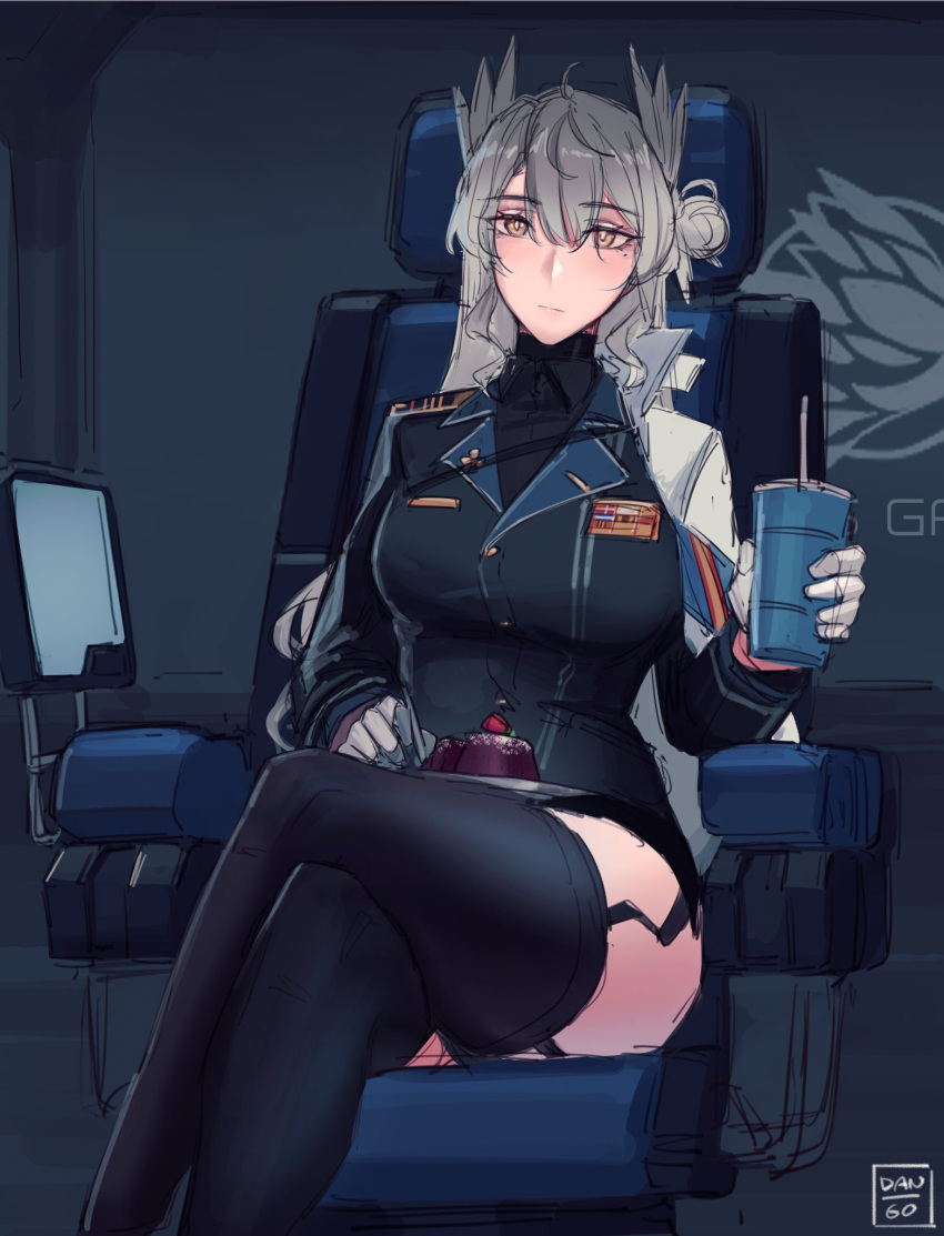 1girl artist_name bird_girl buttons cake cape chair dangodes drinking_straw english_commentary food garter_straps gloves grey_hair hair_between_eyes hair_bun head_wings highres lapels light_blush long_hair looking_at_viewer notched_lapels original single_hair_bun sitting sketch solo starsector thighhighs thighs turtleneck uniform white_cape white_gloves