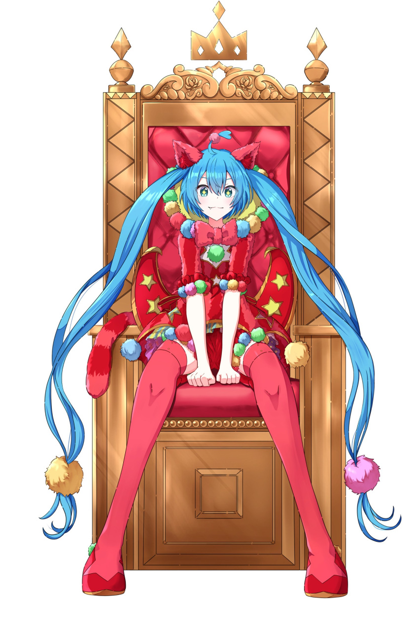 1girl absurdres ahoge animal_ears aqua_eyes bangs blue_hair bow bowtie cat_ears cat_tail clenched_hands closed_mouth commentary dress fang full_body hatsune_miku heart heart_ahoge highres itogari light_smile long_hair looking_at_viewer official_alternate_costume pom_pom_(clothes) project_sekai red_bow red_dress red_footwear red_thighhighs short_dress simple_background sitting solo star-shaped_pupils star_(symbol) straight-on striped_tail symbol-shaped_pupils tail thighhighs throne twintails v_arms very_long_hair vocaloid white_background