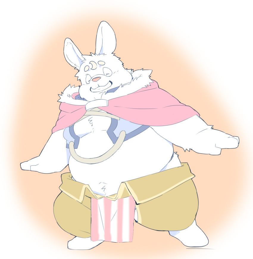 2022 anthro belly clothed clothing eyes_closed fur hi_res inunoshippo kemono lagomorph leporid male mammal navel overweight overweight_male rabbit solo white_body white_fur