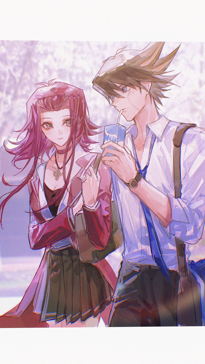 1boy 1girl absurdres alternate_costume bag black_hair black_pants black_skirt blue_eyes blue_necktie border brown_eyes brown_hair choker collarbone collared_shirt cowboy_shot day dress_shirt drinking drinking_straw facial_mark floating_hair fudou_yuusei hair_between_eyes hair_ornament hairpin highres izayoi_aki jacket jewelry letterboxed long_hair long_sleeves looking_at_another milk_carton miniskirt multicolored_hair naoki_(2rzmcaizerails6) necktie open_clothes open_jacket outdoors pants pendant pleated_skirt red_choker red_hair red_jacket school_uniform shirt skirt spiked_hair standing two-tone_hair watch white_border white_shirt wing_collar wristwatch yu-gi-oh! yu-gi-oh!_5d's
